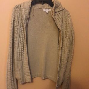 beige hooded knit cardigan sweater
